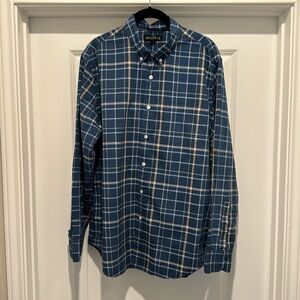 J Crew Mercantile Flex Blue and Tan Plaid Mens Button Down Large